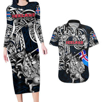 Personalized Iceland Viking Blood Couples Matching Long Sleeve Bodycon Dress and Hawaiian Shirt Nordic Runes and Shield of Ancestry in Tribal Knotwork