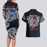 Personalized Iceland Viking Blood Couples Matching Long Sleeve Bodycon Dress and Hawaiian Shirt Nordic Runes and Shield of Ancestry in Tribal Knotwork
