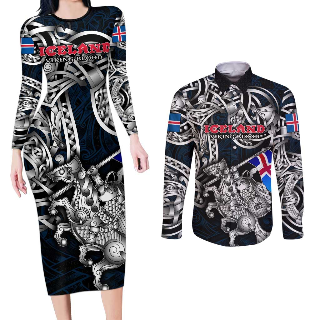Personalized Iceland Viking Blood Couples Matching Long Sleeve Bodycon Dress and Long Sleeve Button Shirt Nordic Runes and Shield of Ancestry in Tribal Knotwork