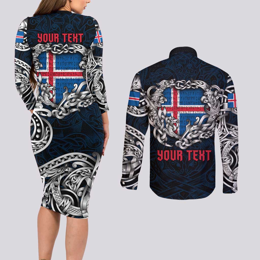Personalized Iceland Viking Blood Couples Matching Long Sleeve Bodycon Dress and Long Sleeve Button Shirt Nordic Runes and Shield of Ancestry in Tribal Knotwork
