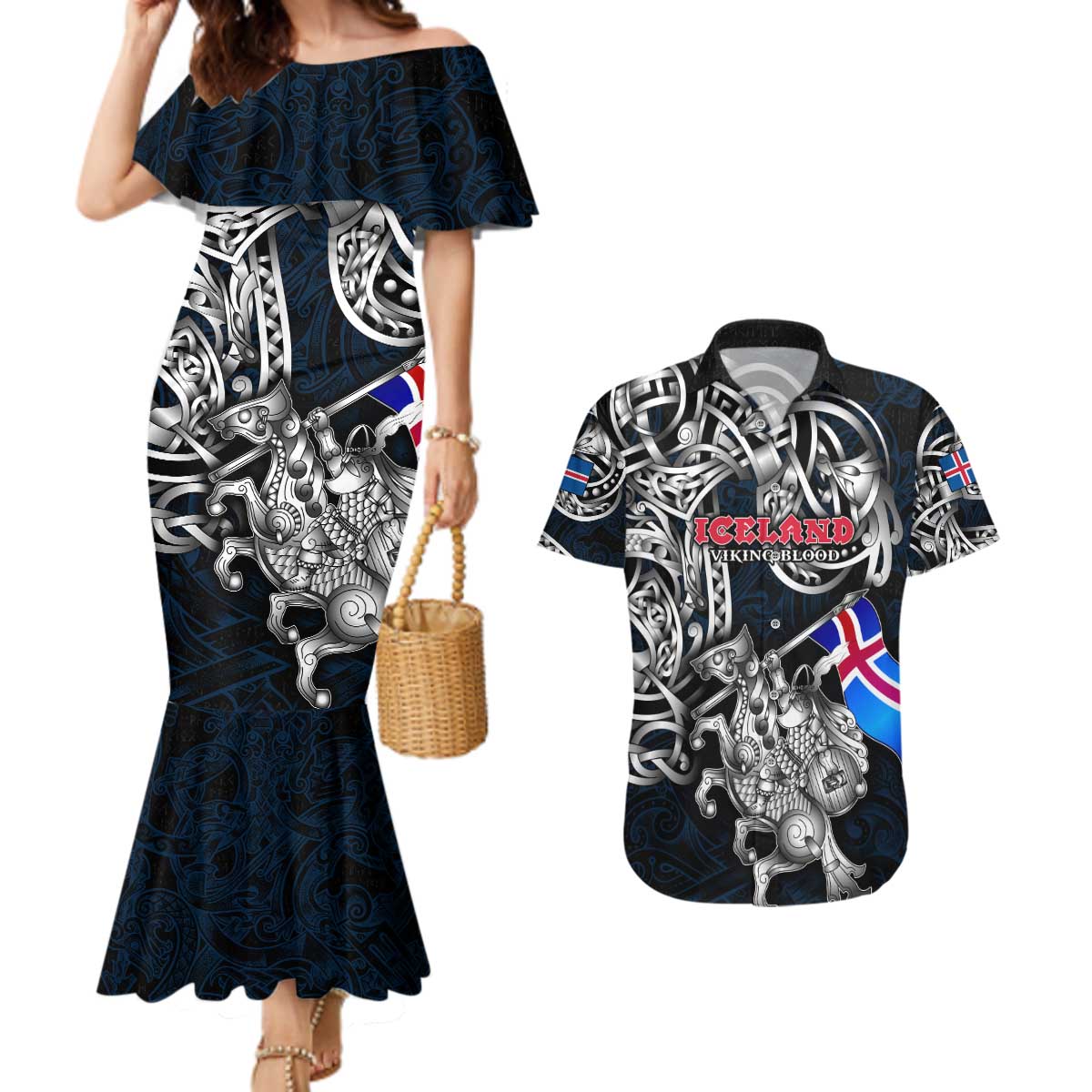 Personalized Iceland Viking Blood Couples Matching Mermaid Dress and Hawaiian Shirt Nordic Runes and Shield of Ancestry in Tribal Knotwork