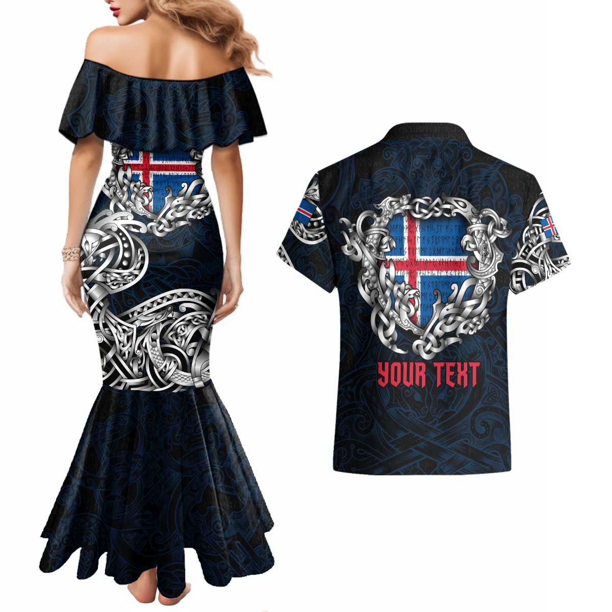 Personalized Iceland Viking Blood Couples Matching Mermaid Dress and Hawaiian Shirt Nordic Runes and Shield of Ancestry in Tribal Knotwork