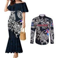 Personalized Iceland Viking Blood Couples Matching Mermaid Dress and Long Sleeve Button Shirt Nordic Runes and Shield of Ancestry in Tribal Knotwork