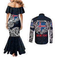 Personalized Iceland Viking Blood Couples Matching Mermaid Dress and Long Sleeve Button Shirt Nordic Runes and Shield of Ancestry in Tribal Knotwork