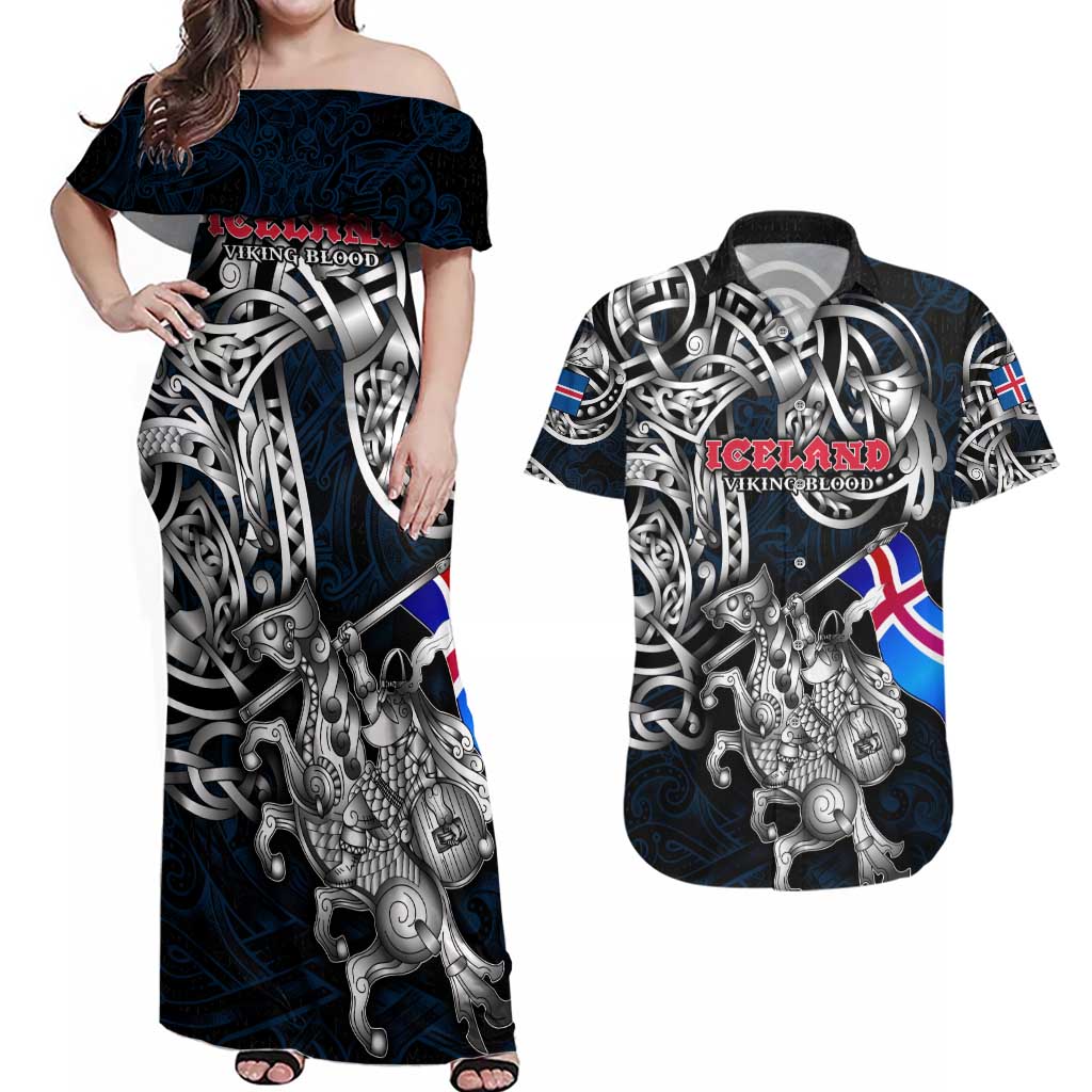 Personalized Iceland Viking Blood Couples Matching Off Shoulder Maxi Dress and Hawaiian Shirt Nordic Runes and Shield of Ancestry in Tribal Knotwork