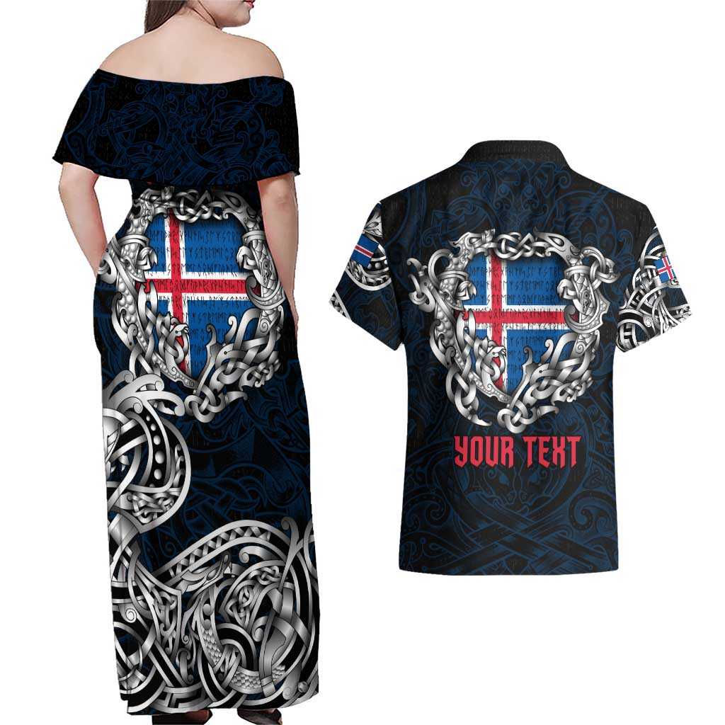 Personalized Iceland Viking Blood Couples Matching Off Shoulder Maxi Dress and Hawaiian Shirt Nordic Runes and Shield of Ancestry in Tribal Knotwork