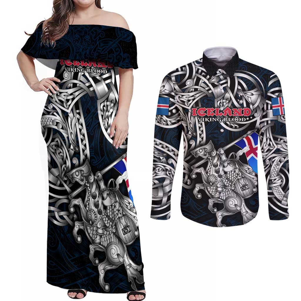 Personalized Iceland Viking Blood Couples Matching Off Shoulder Maxi Dress and Long Sleeve Button Shirt Nordic Runes and Shield of Ancestry in Tribal Knotwork