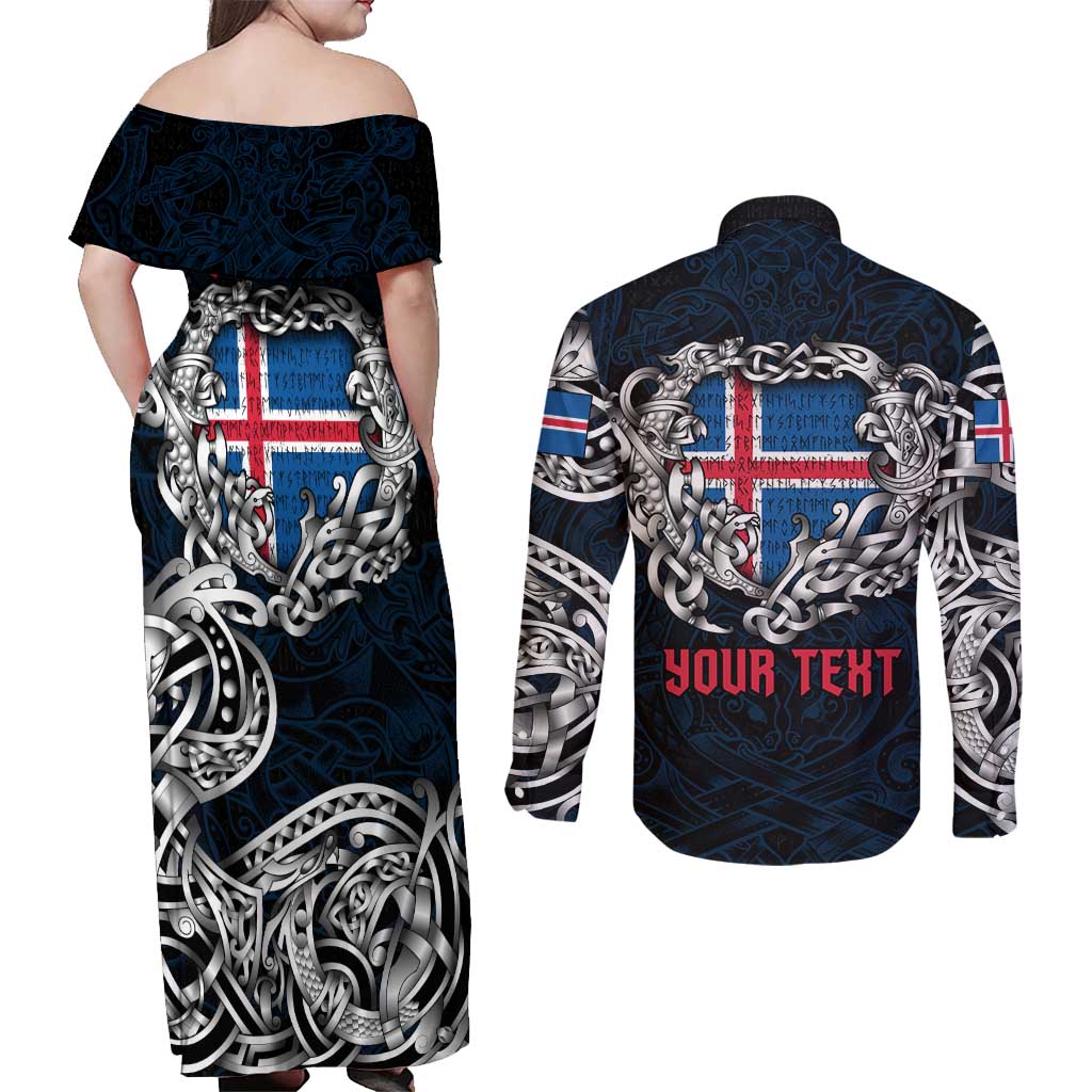 Personalized Iceland Viking Blood Couples Matching Off Shoulder Maxi Dress and Long Sleeve Button Shirt Nordic Runes and Shield of Ancestry in Tribal Knotwork
