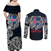 Personalized Iceland Viking Blood Couples Matching Off Shoulder Maxi Dress and Long Sleeve Button Shirt Nordic Runes and Shield of Ancestry in Tribal Knotwork