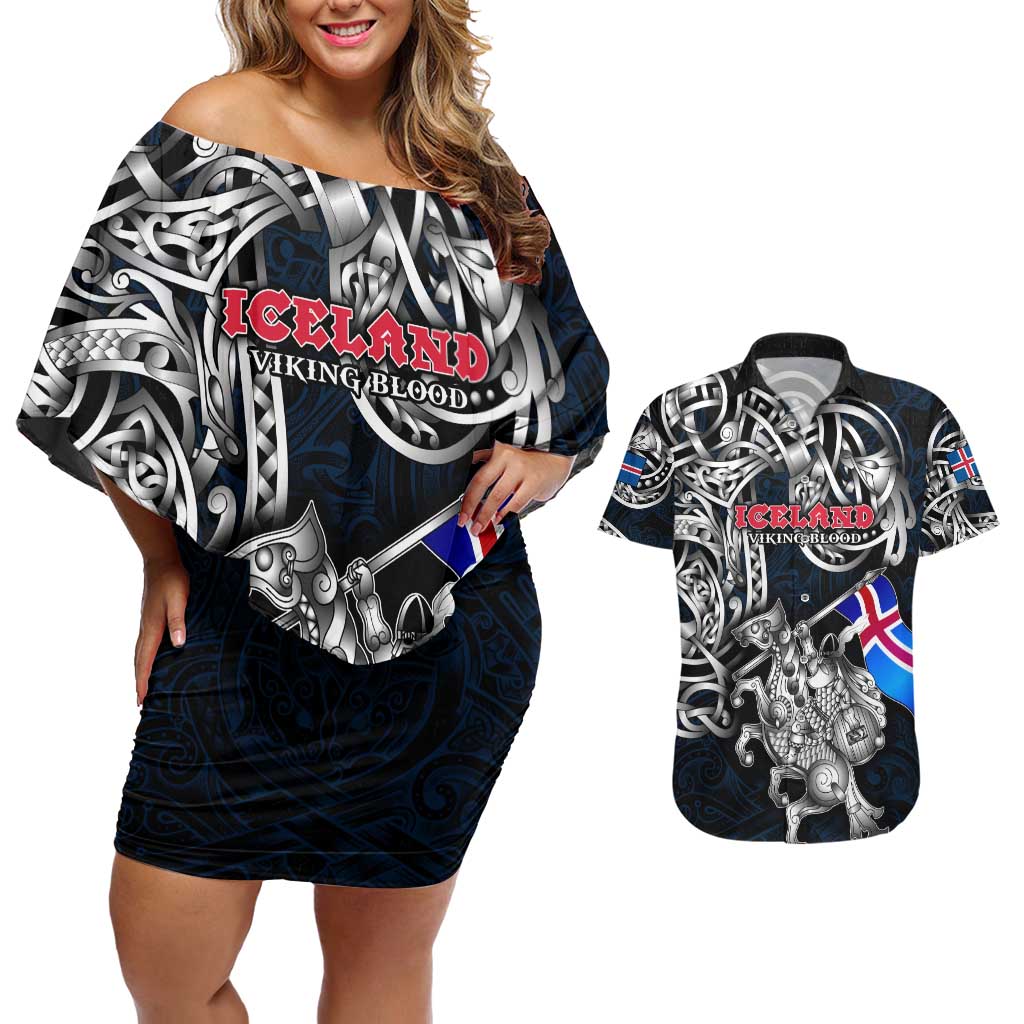 Personalized Iceland Viking Blood Couples Matching Off Shoulder Short Dress and Hawaiian Shirt Nordic Runes and Shield of Ancestry in Tribal Knotwork