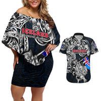 Personalized Iceland Viking Blood Couples Matching Off Shoulder Short Dress and Hawaiian Shirt Nordic Runes and Shield of Ancestry in Tribal Knotwork