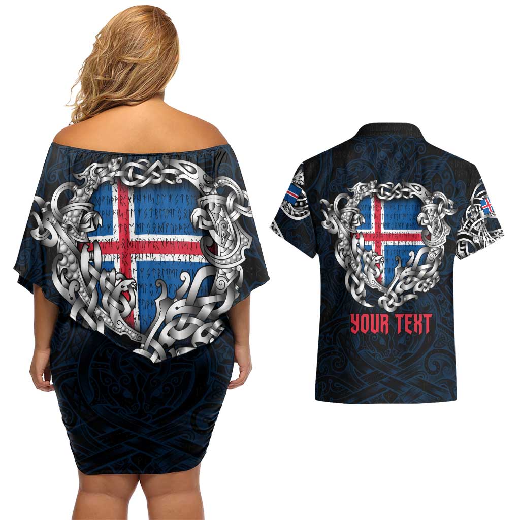 Personalized Iceland Viking Blood Couples Matching Off Shoulder Short Dress and Hawaiian Shirt Nordic Runes and Shield of Ancestry in Tribal Knotwork