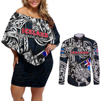 Personalized Iceland Viking Blood Couples Matching Off Shoulder Short Dress and Long Sleeve Button Shirt Nordic Runes and Shield of Ancestry in Tribal Knotwork