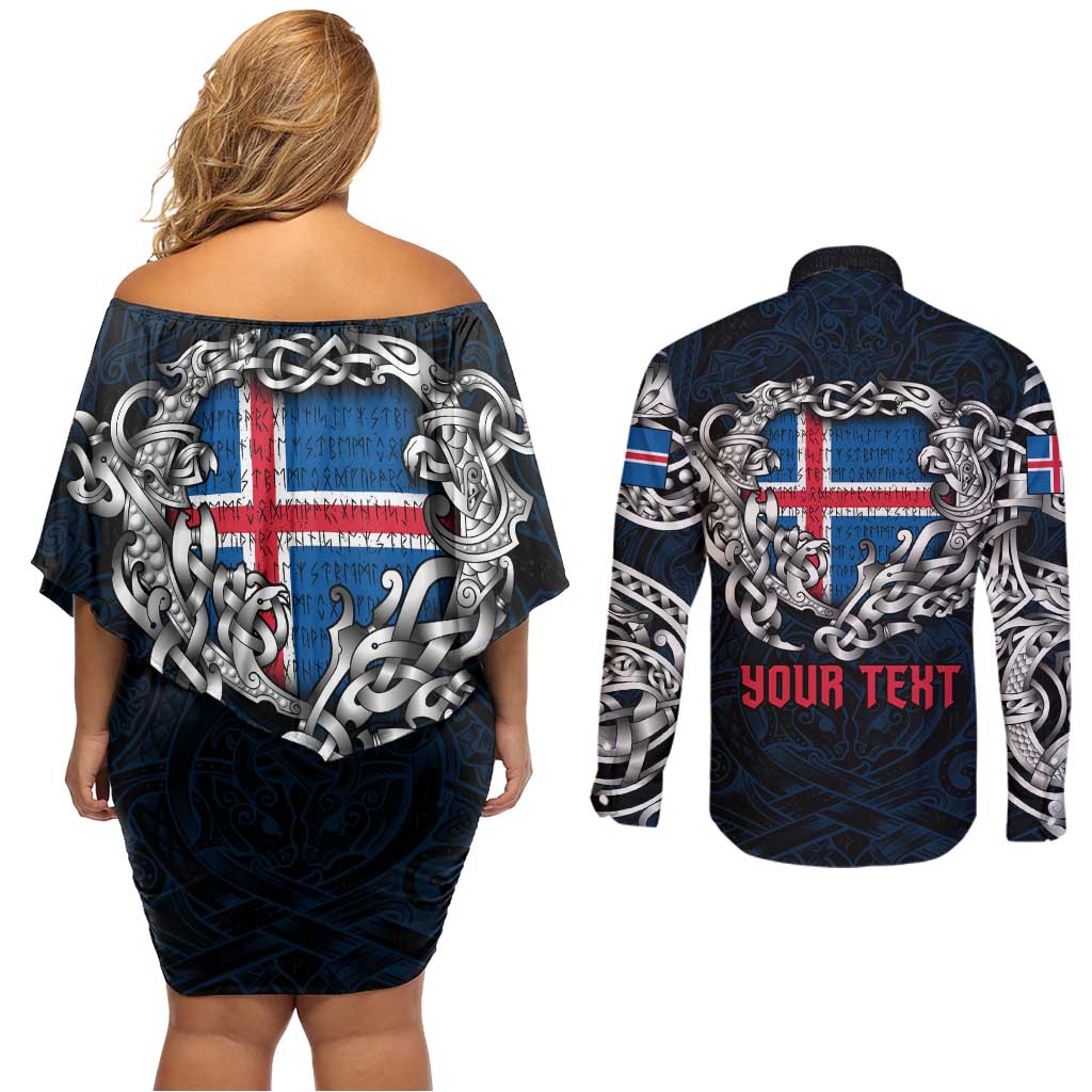 Personalized Iceland Viking Blood Couples Matching Off Shoulder Short Dress and Long Sleeve Button Shirt Nordic Runes and Shield of Ancestry in Tribal Knotwork