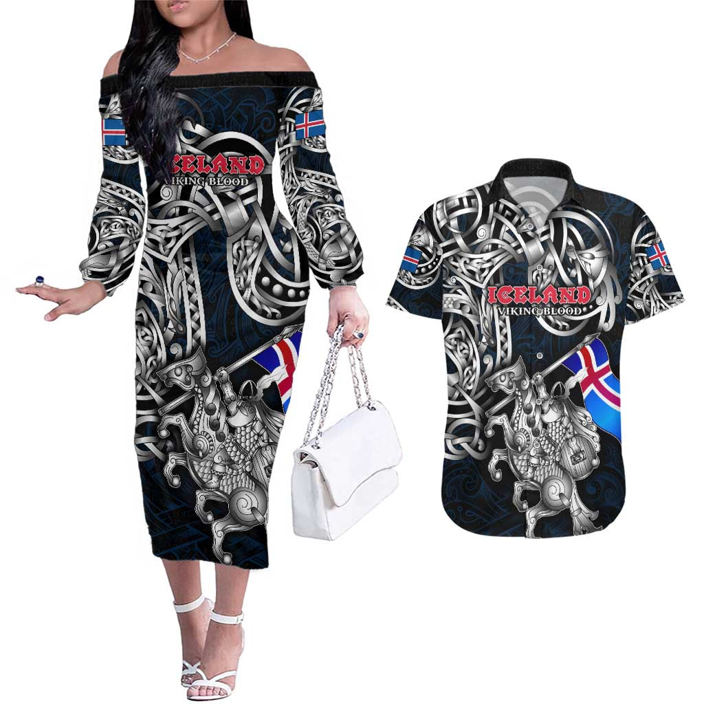 Personalized Iceland Viking Blood Couples Matching Off The Shoulder Long Sleeve Dress and Hawaiian Shirt Nordic Runes and Shield of Ancestry in Tribal Knotwork