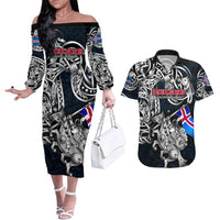 Personalized Iceland Viking Blood Couples Matching Off The Shoulder Long Sleeve Dress and Hawaiian Shirt Nordic Runes and Shield of Ancestry in Tribal Knotwork