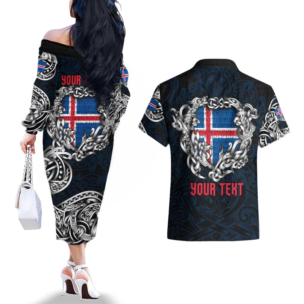 Personalized Iceland Viking Blood Couples Matching Off The Shoulder Long Sleeve Dress and Hawaiian Shirt Nordic Runes and Shield of Ancestry in Tribal Knotwork
