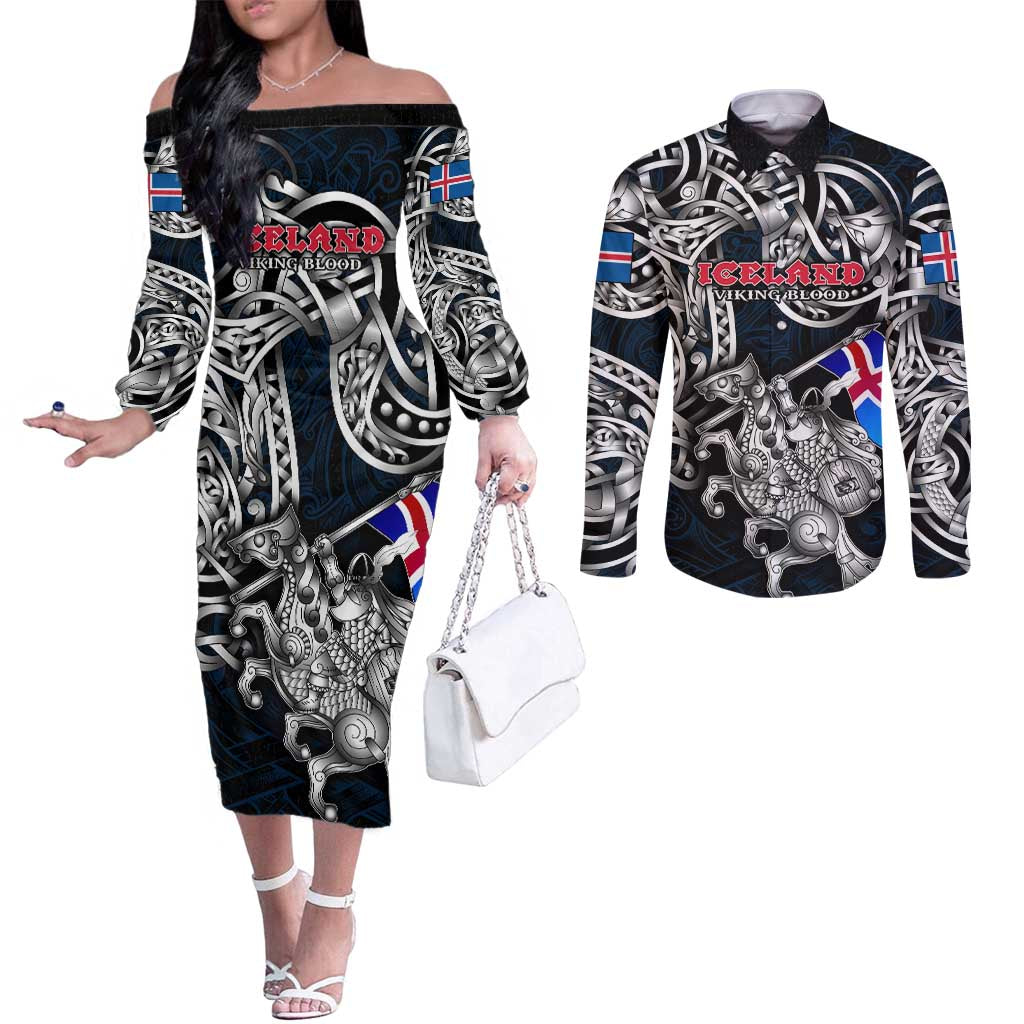 Personalized Iceland Viking Blood Couples Matching Off The Shoulder Long Sleeve Dress and Long Sleeve Button Shirt Nordic Runes and Shield of Ancestry in Tribal Knotwork