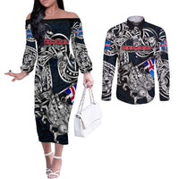 Personalized Iceland Viking Blood Couples Matching Off The Shoulder Long Sleeve Dress and Long Sleeve Button Shirt Nordic Runes and Shield of Ancestry in Tribal Knotwork