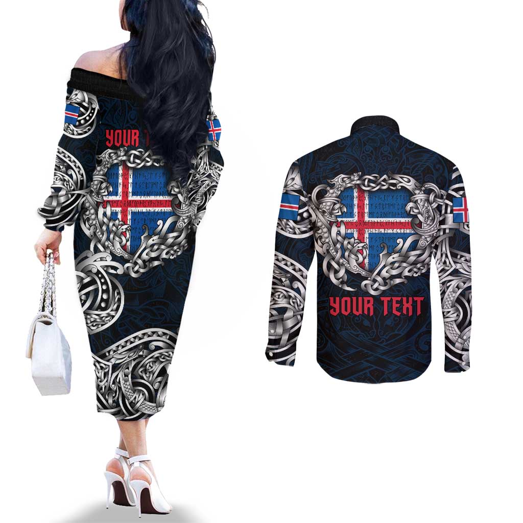 Personalized Iceland Viking Blood Couples Matching Off The Shoulder Long Sleeve Dress and Long Sleeve Button Shirt Nordic Runes and Shield of Ancestry in Tribal Knotwork