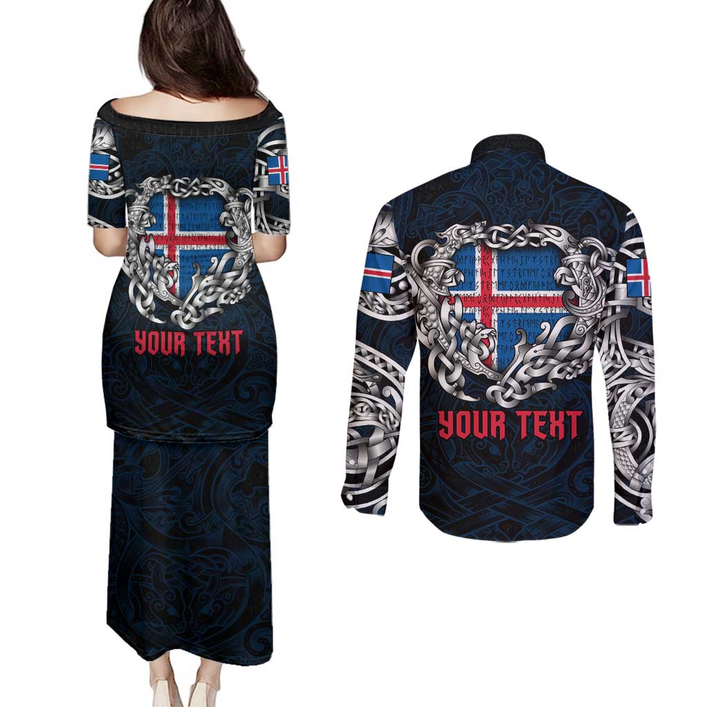 Personalized Iceland Viking Blood Couples Matching Puletasi and Long Sleeve Button Shirt Nordic Runes and Shield of Ancestry in Tribal Knotwork