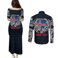 Personalized Iceland Viking Blood Couples Matching Puletasi and Long Sleeve Button Shirt Nordic Runes and Shield of Ancestry in Tribal Knotwork