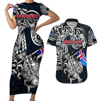 Personalized Iceland Viking Blood Couples Matching Short Sleeve Bodycon Dress and Hawaiian Shirt Nordic Runes and Shield of Ancestry in Tribal Knotwork