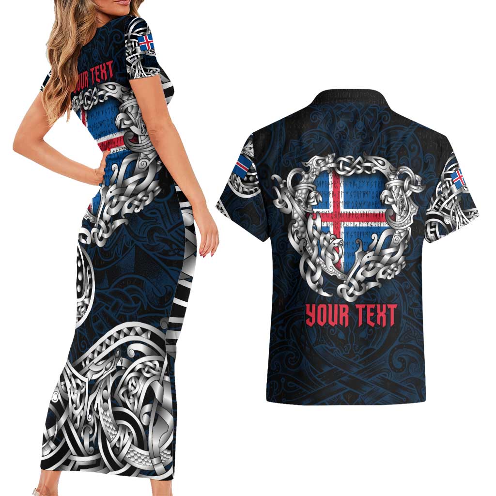 Personalized Iceland Viking Blood Couples Matching Short Sleeve Bodycon Dress and Hawaiian Shirt Nordic Runes and Shield of Ancestry in Tribal Knotwork