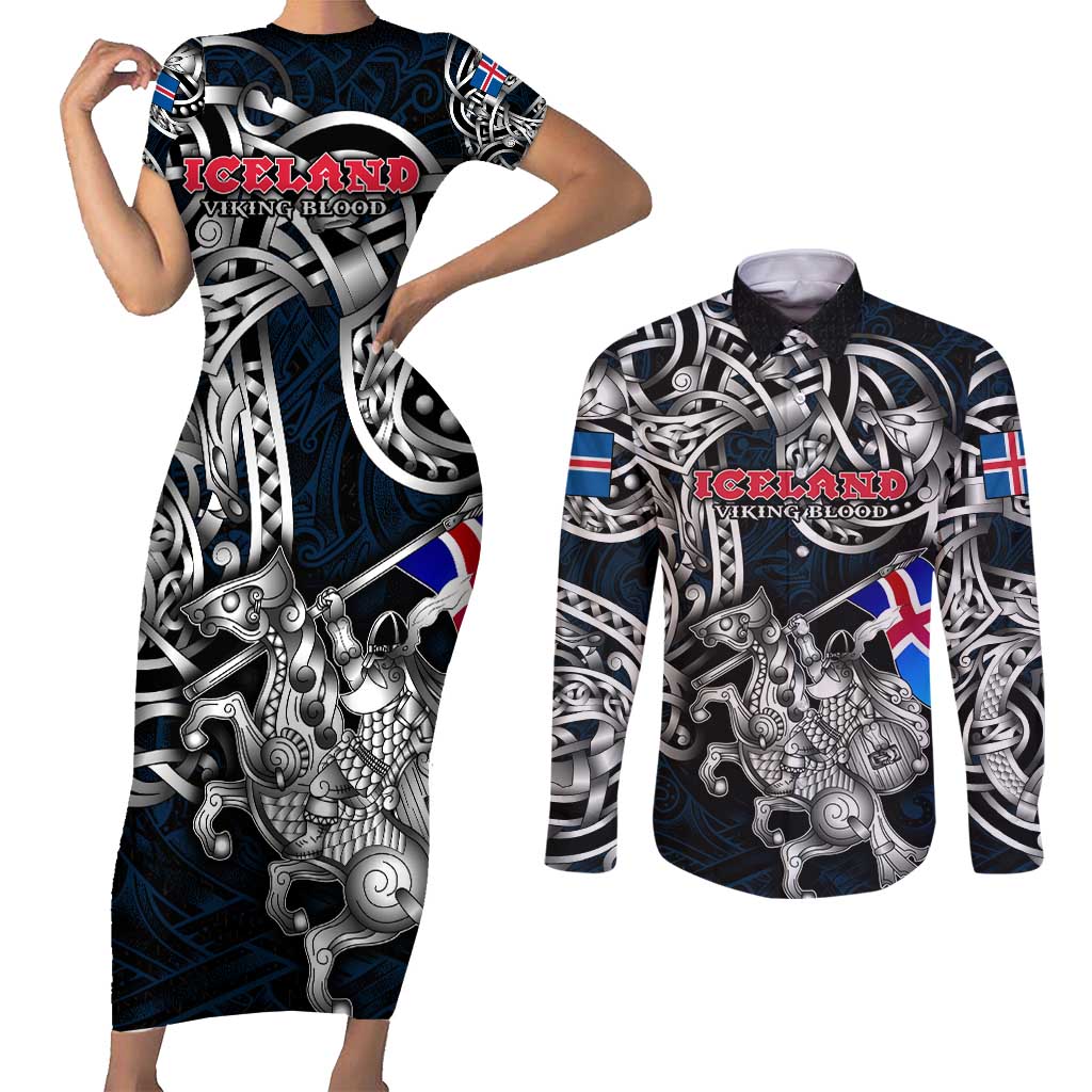 Personalized Iceland Viking Blood Couples Matching Short Sleeve Bodycon Dress and Long Sleeve Button Shirt Nordic Runes and Shield of Ancestry in Tribal Knotwork