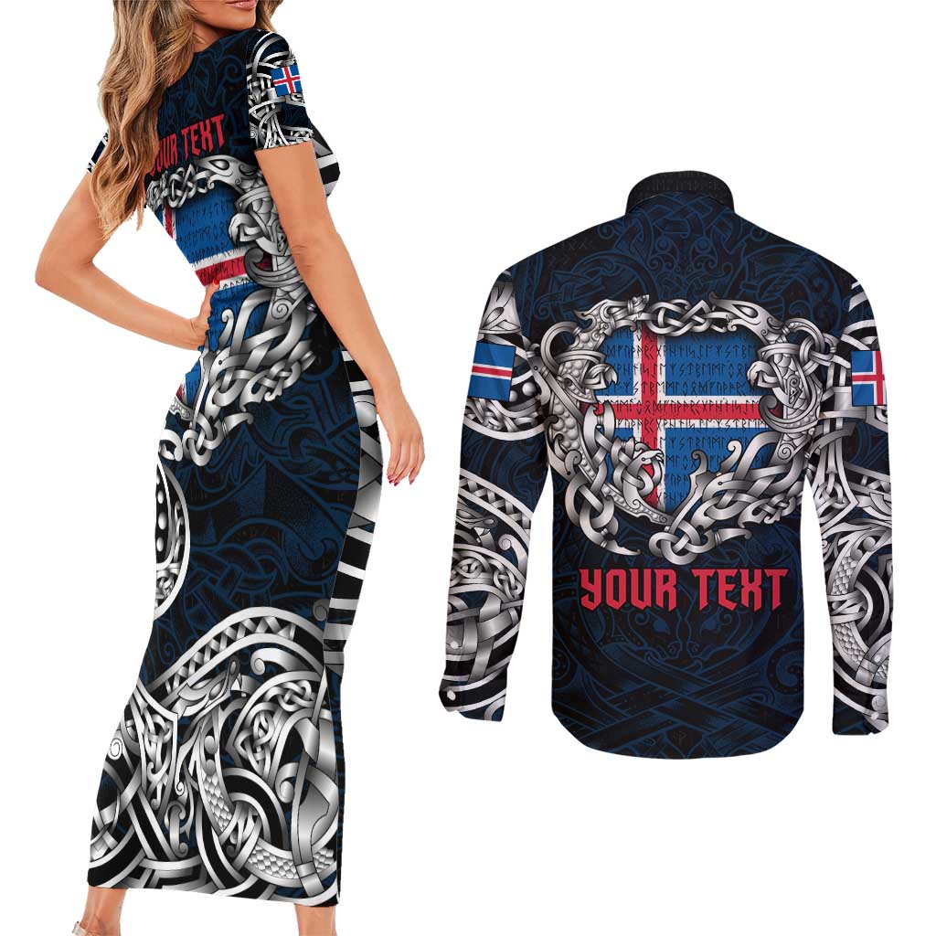 Personalized Iceland Viking Blood Couples Matching Short Sleeve Bodycon Dress and Long Sleeve Button Shirt Nordic Runes and Shield of Ancestry in Tribal Knotwork