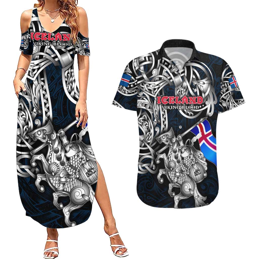 Personalized Iceland Viking Blood Couples Matching Summer Maxi Dress and Hawaiian Shirt Nordic Runes and Shield of Ancestry in Tribal Knotwork