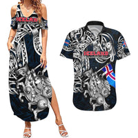 Personalized Iceland Viking Blood Couples Matching Summer Maxi Dress and Hawaiian Shirt Nordic Runes and Shield of Ancestry in Tribal Knotwork