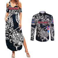 Personalized Iceland Viking Blood Couples Matching Summer Maxi Dress and Long Sleeve Button Shirt Nordic Runes and Shield of Ancestry in Tribal Knotwork