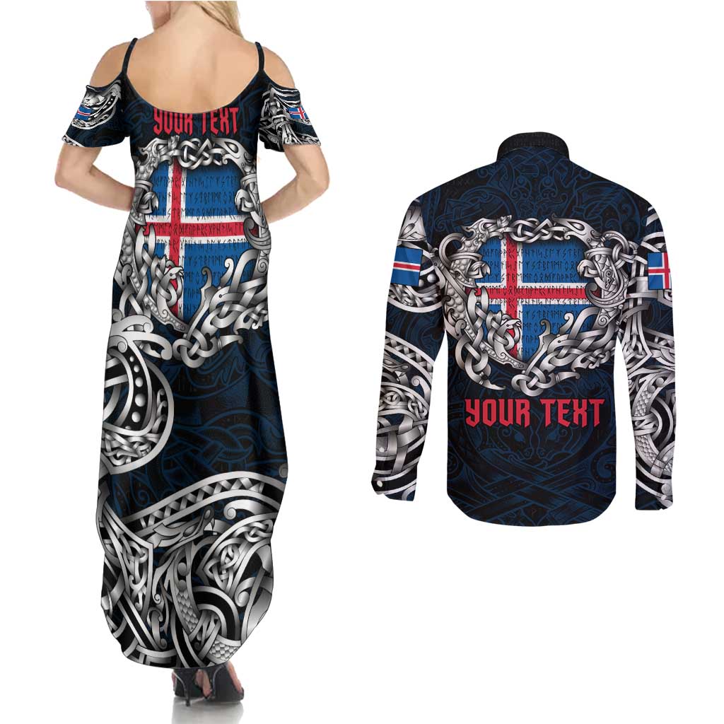 Personalized Iceland Viking Blood Couples Matching Summer Maxi Dress and Long Sleeve Button Shirt Nordic Runes and Shield of Ancestry in Tribal Knotwork