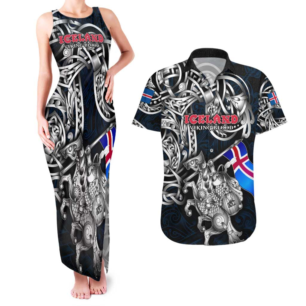Personalized Iceland Viking Blood Couples Matching Tank Maxi Dress and Hawaiian Shirt Nordic Runes and Shield of Ancestry in Tribal Knotwork