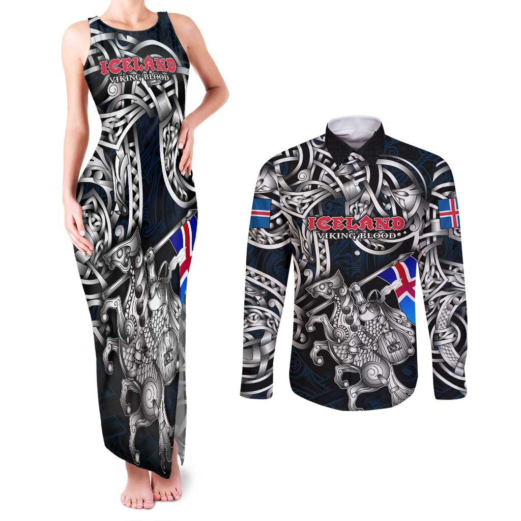 Personalized Iceland Viking Blood Couples Matching Tank Maxi Dress and Long Sleeve Button Shirt Nordic Runes and Shield of Ancestry in Tribal Knotwork
