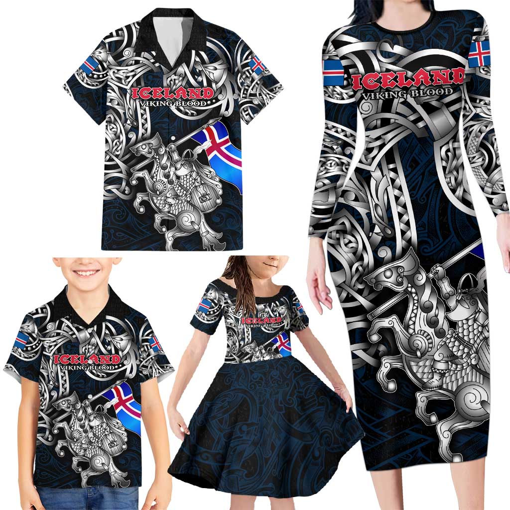 Personalized Iceland Viking Blood Family Matching Long Sleeve Bodycon Dress and Hawaiian Shirt Nordic Runes and Shield of Ancestry in Tribal Knotwork