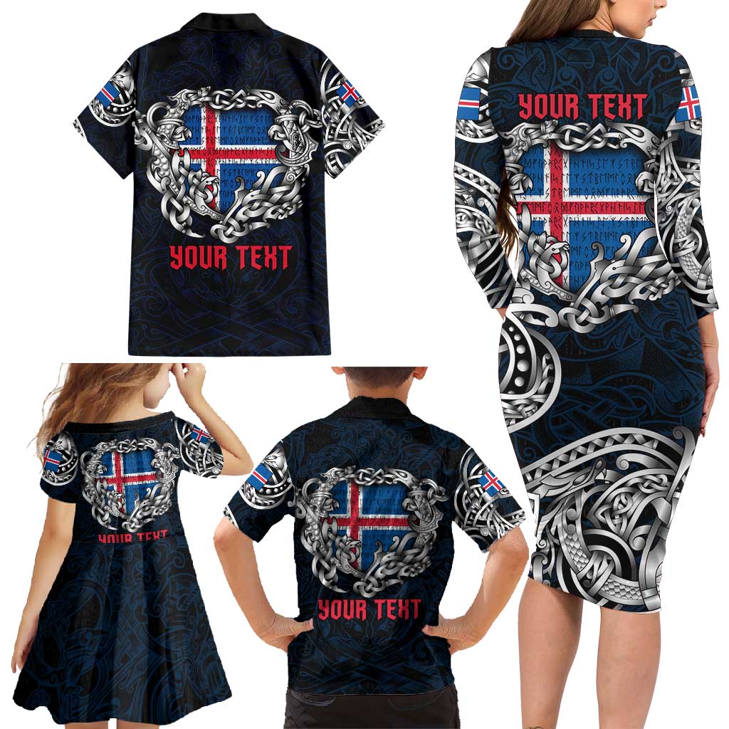 Personalized Iceland Viking Blood Family Matching Long Sleeve Bodycon Dress and Hawaiian Shirt Nordic Runes and Shield of Ancestry in Tribal Knotwork
