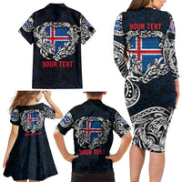 Personalized Iceland Viking Blood Family Matching Long Sleeve Bodycon Dress and Hawaiian Shirt Nordic Runes and Shield of Ancestry in Tribal Knotwork