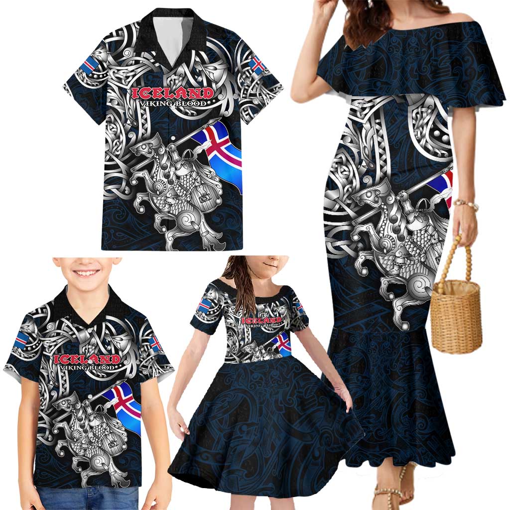 Personalized Iceland Viking Blood Family Matching Mermaid Dress and Hawaiian Shirt Nordic Runes and Shield of Ancestry in Tribal Knotwork