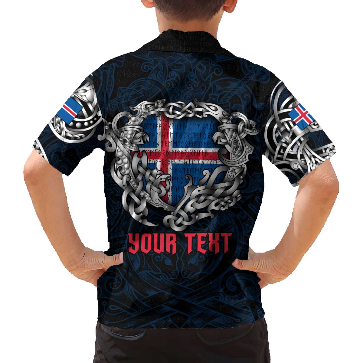 Personalized Iceland Viking Blood Family Matching Off The Shoulder Long Sleeve Dress and Hawaiian Shirt Nordic Runes and Shield of Ancestry in Tribal Knotwork