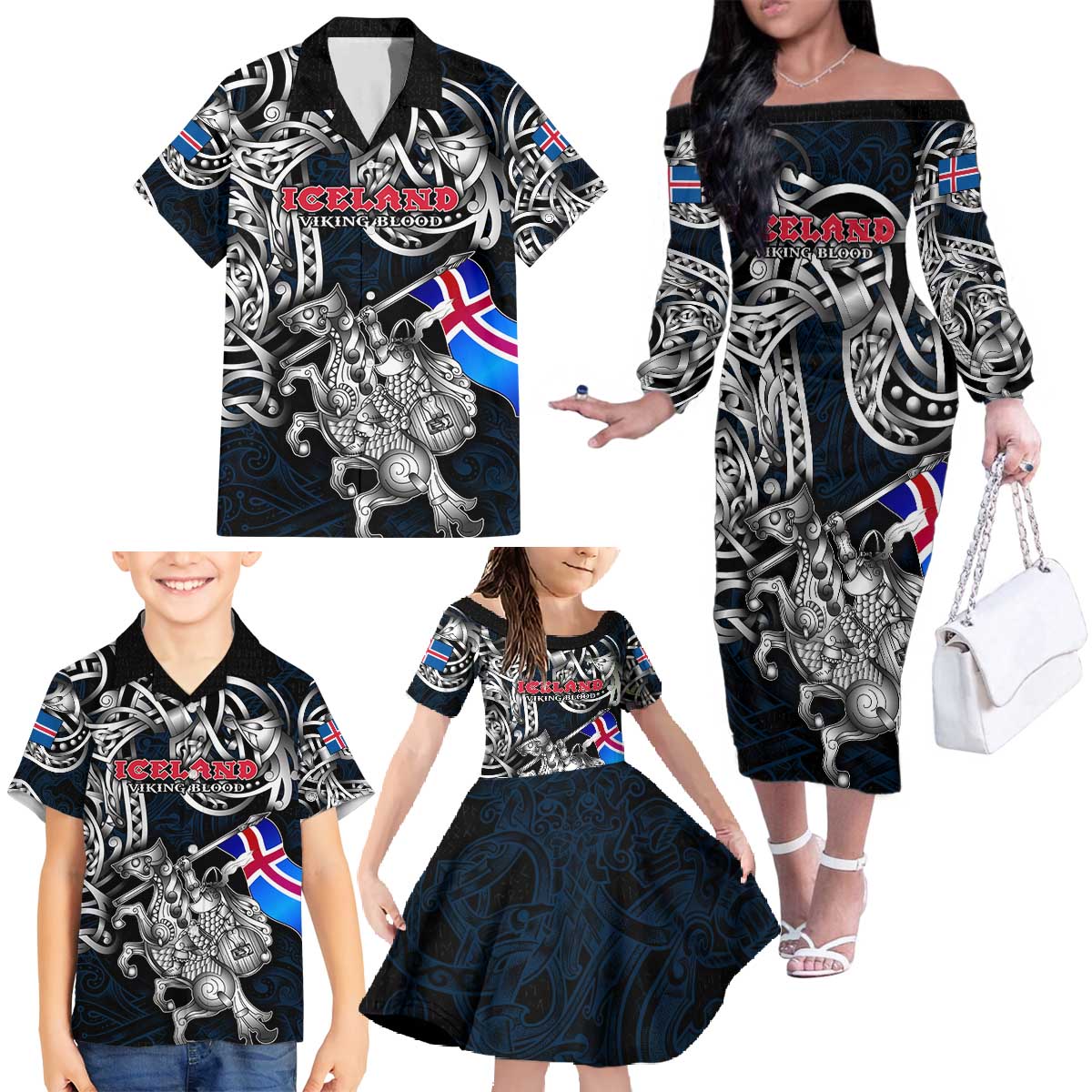 Personalized Iceland Viking Blood Family Matching Off The Shoulder Long Sleeve Dress and Hawaiian Shirt Nordic Runes and Shield of Ancestry in Tribal Knotwork
