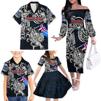 Personalized Iceland Viking Blood Family Matching Off The Shoulder Long Sleeve Dress and Hawaiian Shirt Nordic Runes and Shield of Ancestry in Tribal Knotwork