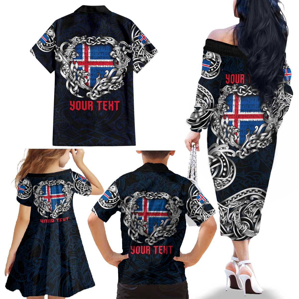Personalized Iceland Viking Blood Family Matching Off The Shoulder Long Sleeve Dress and Hawaiian Shirt Nordic Runes and Shield of Ancestry in Tribal Knotwork
