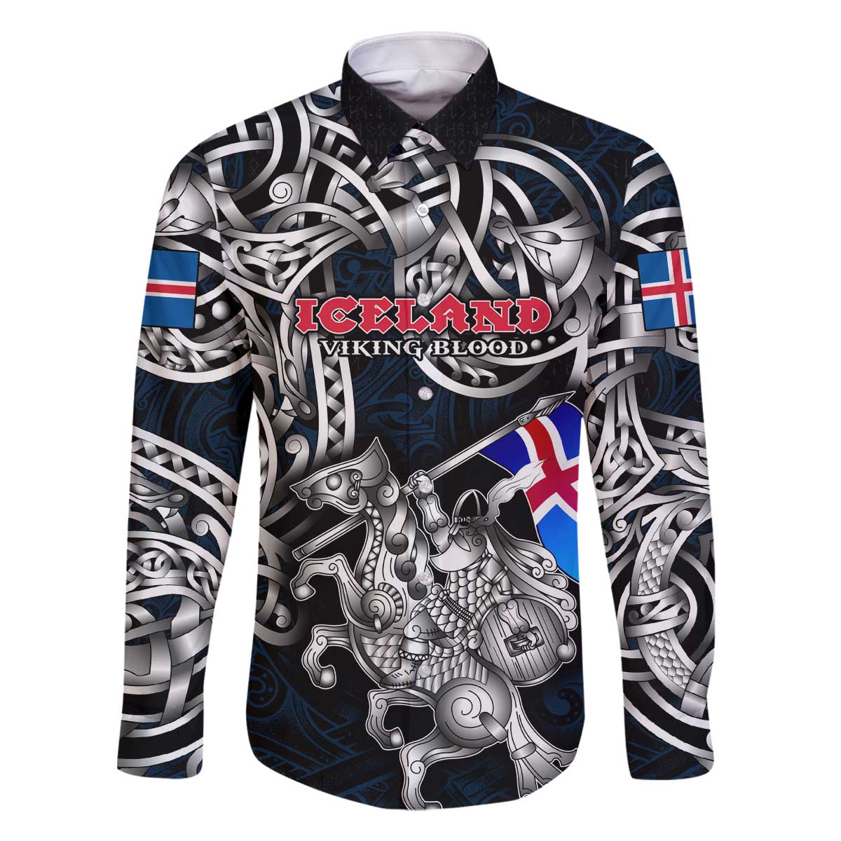 Personalized Iceland Viking Blood Family Matching Off The Shoulder Long Sleeve Dress and Hawaiian Shirt Nordic Runes and Shield of Ancestry in Tribal Knotwork