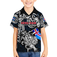Personalized Iceland Viking Blood Family Matching Off The Shoulder Long Sleeve Dress and Hawaiian Shirt Nordic Runes and Shield of Ancestry in Tribal Knotwork