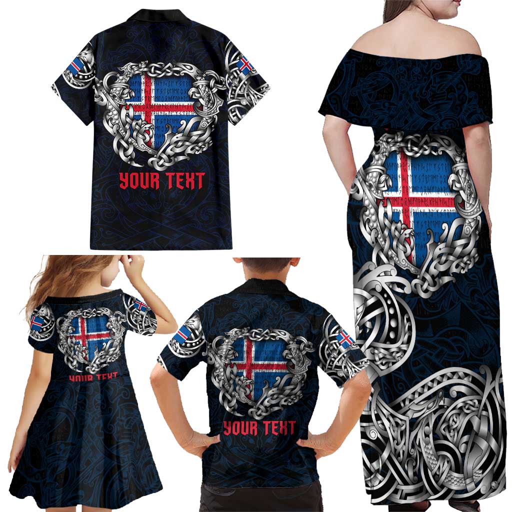 Personalized Iceland Viking Blood Family Matching Off Shoulder Maxi Dress and Hawaiian Shirt Nordic Runes and Shield of Ancestry in Tribal Knotwork