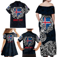 Personalized Iceland Viking Blood Family Matching Off Shoulder Maxi Dress and Hawaiian Shirt Nordic Runes and Shield of Ancestry in Tribal Knotwork