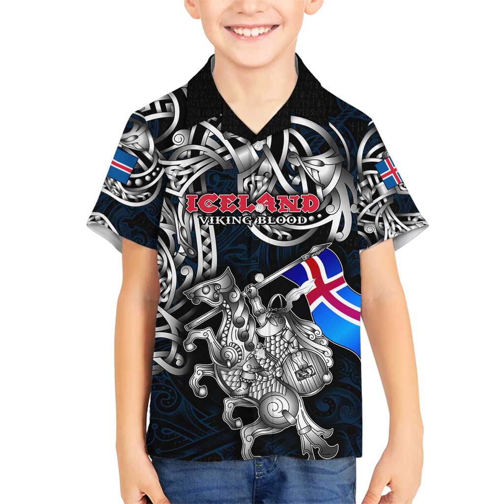 Personalized Iceland Viking Blood Family Matching Off Shoulder Maxi Dress and Hawaiian Shirt Nordic Runes and Shield of Ancestry in Tribal Knotwork