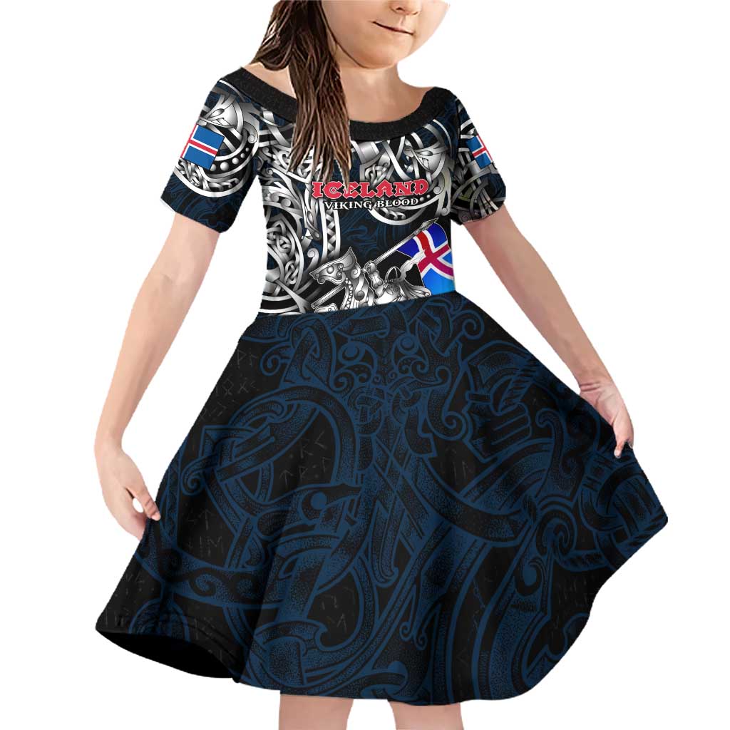 Personalized Iceland Viking Blood Family Matching Off Shoulder Short Dress and Hawaiian Shirt Nordic Runes and Shield of Ancestry in Tribal Knotwork